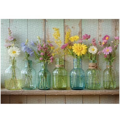 Wildflower 1000 Piece Puzzle for Adults, PICKFORU Whispering Blooms Summer Flower Garden Jigsaw Puzzle, Challenging Retro Vibrant Sunflower Vase Theme as Home Decor - style: Whispering Blooms