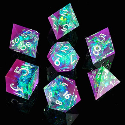 Sharp Edge DND Dice Set Handmade 7 Accessories Dice for Dungeons and Dragons TTRPG Games, Multi-Sided RPG Polyhedral Resin Sharp Edge Dice Roleplaying Games (Purple Green) - color: Purple Green