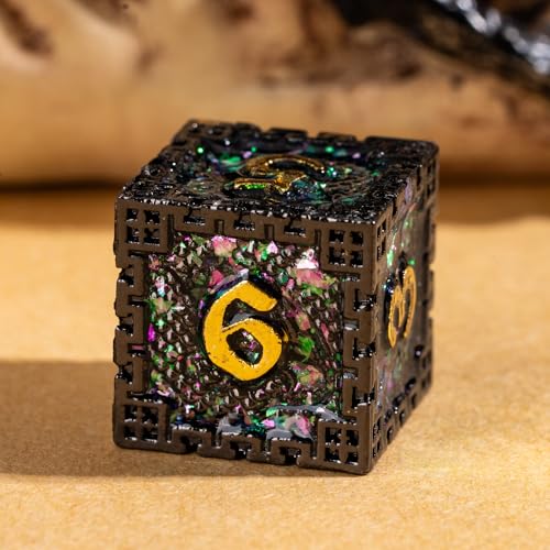 UDIXI Sequins Metal Dice Set D&D Dragon Metal DND Dice for Tabletop Games | 7-Pieces, Dragon Carved, Chain-edge Design, Metal Gift Box, DM Gift, for Dungeons and Dragons Role Playing Games - color: Chain Frame-green Purple Sequins