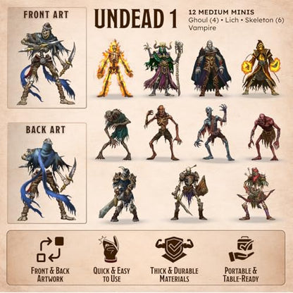 Skinny Minis Undead Miniatures Set, 12 Medium Flat Minis, D&D Compatible 2D Miniatures for 5e & Pathfinder TTRPG, Tabletop RPG Monster Minis for Dungeon Master Roleplaying Games