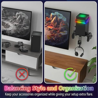 Fosmon Wall Mount for Xbox Series X/S Gaming Console Shelf Kit Stand | Mounted Storage Rack with RGB Ambient Light, Detachable Dual Controller Holder Stand, and Headphone Hanger Accessory Setup