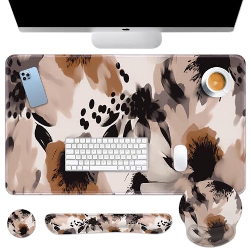 Britimes Brown Boho Tribal Flower Keyboard Mouse Pad Set 4in1 Large Mousepad+Keyboard Wrist Rest+Mouse Wrist Rest+Coaster Set with Ergonomic Design for Home Office Computer 35.4x15.7 inches - color: Brown Boho Flower