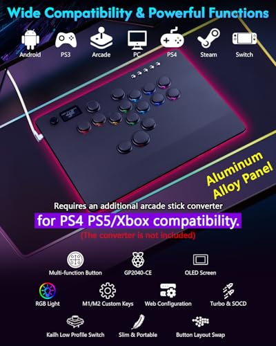 GuileKeys Leverless Controller Arcade Stick GF-16, Aluminium Alloy All-Button Arcade Controller for PS4/PS3/PC/Switch, Arcade Fight Stick with RGB/Turbo/Hot-Swap, Black