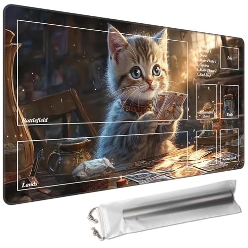MTG Playmat with Magic Zone 27.5 x 15.7in Includes Storage Bag,TCG Playmat with Soft Surface Premium Non-Slip Rubber Backing Stitched Edges Durable Gaming Mat,Cat Playing Cards - color: Cat Playing Cards, size: 27.5"×15.7"With Zones
