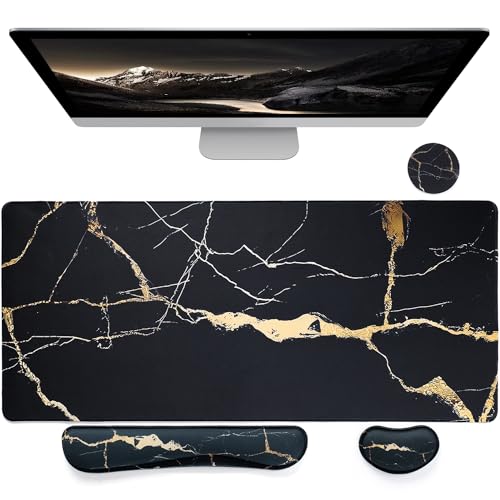 Bloss Gaming Mouse Pad Set, Large Desk Mat + Keyboard Wrist Rest + Mouse Wrist Support + Cup Coaster, Non-Slip Desk Pad, Computer Desk Accessories-Black Marble (35.4 x 15.7 Inches) - color: Black Marble, size: 35.4 in x 15.7 in x 0.12 in