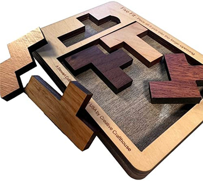 Creative Crafthouse Five Fit Small Stewart Coffin Wood Packing Puzzle, Hard | Slot every piece into one tray for a deceptively tough solve. A desk display and gift for serious solvers, made in USA - style: Five Fit
