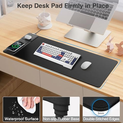 Wireless Charging Mouse Pad with Foldable Phone Holder, 31.5"x15.8", Black | Large Desk Mat for Laptop/Keyboard, Waterproof Ultra-Smooth Surface, Non-Slip Base - color: Black-Phone Holder-31.5"x15.8"