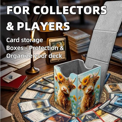 for MTG Deck Box, Trading Card Storage Case Holds 100+ Sleeved Cards, Flower-Crowned Highland Calf Magnetic Closure Durable Deck Holder for Magic The Gathering, TCG & Commander - color: Flower-Crowned Highland Calf