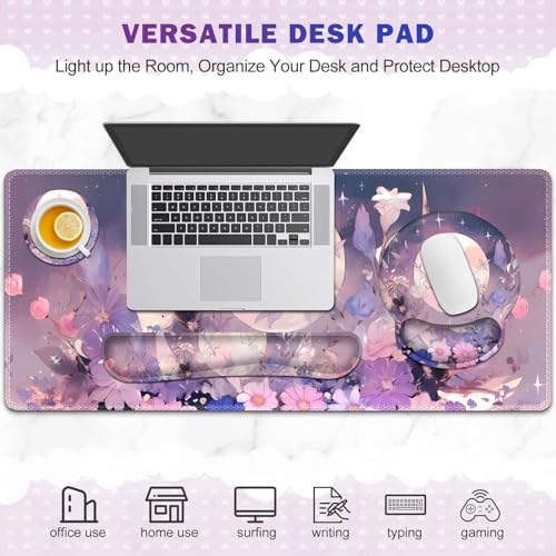 Large Desk Mat, Gaming Mouse Pad Desk Pad, Mousepad + Keyboard Wrist Rest | +Mouse Wrist Rest+Coaster Set with Ergonomic XXL Desk Pad Protector for Home Office PC Computer, Pastel Purple Flower Moon - color: Pastel Purple Flower Moon