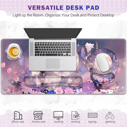 Large Desk Mat, Gaming Mouse Pad Desk Pad, Mousepad + Keyboard Wrist Rest | +Mouse Wrist Rest+Coaster Set with Ergonomic XXL Desk Pad Protector for Home Office PC Computer, Pastel Purple Flower Moon - color: Pastel Purple Flower Moon