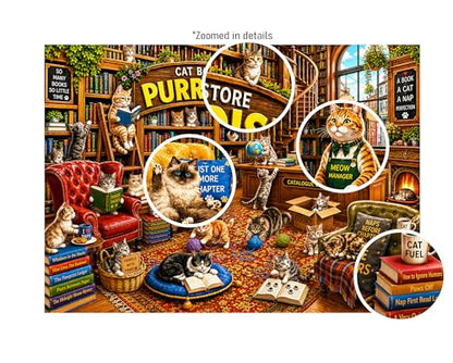Cat Bookstore Purradise 1000 Piece Jigsaw Puzzle, Cozy Library Cats Theme, 19.68 x 27.56 Inches