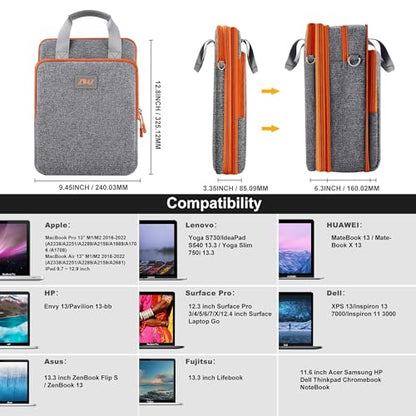 ZINZ Laptop Shoulder Bag 12.3-13 inch Case Sleeve, Expandable Handbag with Valuables Compartment Compatible with MacBook Air/Pro/Neo 13", iPad 12.9"/13"/11", Shockproof,Gray-Orange edge - color: Gray-orange Edge