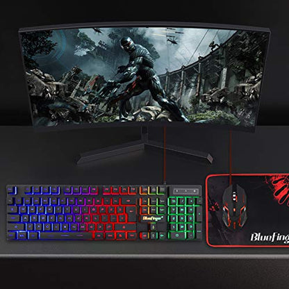 BlueFinger RGB Gaming Keyboard and Backlit Mouse Combo, USB Wired, LED Gaming Set for Laptop PC Computer Game and Work - color: Black