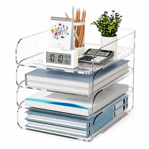 HIYOHIYO Clear Office Desk Organizer for A4 Letter Paper, 4-Tier Vertical | Stackable | Large Capacity | Sturdy Office DeskTtop Organizer for File Folder, Stable Home Desk Paper Holder and Storage - size: 10" x 13" x 11"