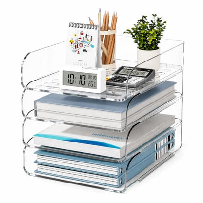HIYOHIYO Clear Office Desk Organizer for A4 Letter Paper, 4-Tier Vertical | Stackable | Large Capacity | Sturdy Office DeskTtop Organizer for File Folder, Stable Home Desk Paper Holder and Storage - size: 10" x 13" x 11"