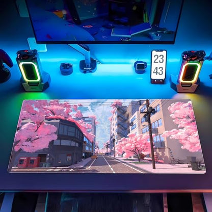 Pink Anime Sakura Desk Mat, Japanese Street Large Mouse Pad 31.5x15.7 in | Cozy anime cherry blossom desk pad with 3mm plush cushion, smooth fabric top, and non-slip rubber core. - color: Anime 02
