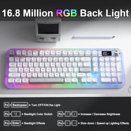 K98 Pro Wireless Keyboard,Tri-Mode Silent Creamy Keyboard | Membrane Keyboard TFT Screen, Volume Knob & Number Pad, RGB Backlit Computer Mechanical Feel Keyboard for Game/Office(White) - color: White