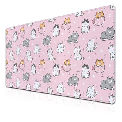 Gaming Mouse Pad Pink, Large Mousepads Computer Desk Mat, XXL Mouse Pad Gaming Non-Slip Rubber Base Waterproof with Stitched Edges, 35.4 X 15.7 inch for Work/Game/Office/Home Cartoon Cat - color: Cartoon Cat Design Pink