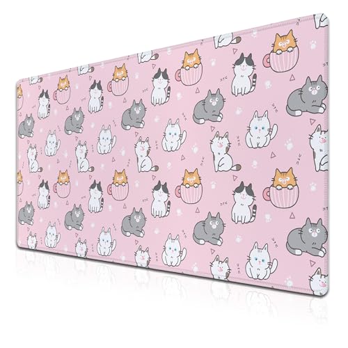 Gaming Mouse Pad Pink, Large Mousepads Computer Desk Mat, XXL Mouse Pad Gaming Non-Slip Rubber Base Waterproof with Stitched Edges, 35.4 X 15.7 inch for Work/Game/Office/Home Cartoon Cat - color: Cartoon Cat Design Pink