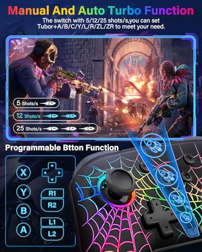 Switch Controller Compatible with Nintendo Switch/Switch Lite/OLED/PC | Programmable Wireless Switch Controller with 10 LED Light, 6-Axis Motion, Turbo, Vibration, One-Key Wake Up & Pairing, Black - color: black