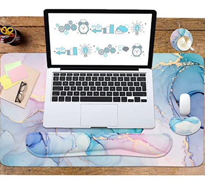 4-in-1 Large Gaming Mouse Pad, Keyboard Wrist Rest Pad & Wrist Support Mousepad Set, Extended Desk Pad Waterproof Desk Mat for Home Office Study Game - Blue - color: Blue Marble