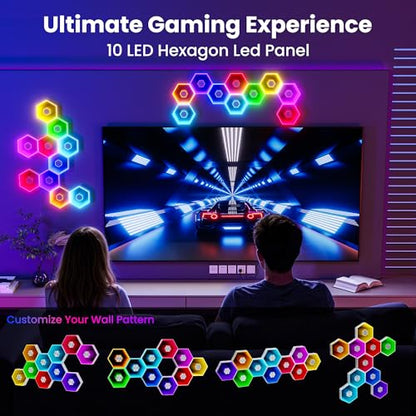 10 Pack Hexagon Led Lights, 90mm Smart Hexagon, Smart App RGB Gaming Led Light, with Remote Control & Music Sync Honeycomb Shape Hexagon Wall Lights for Bedroom, Living Room Wall - size: 10 mirrored designs