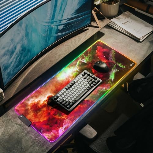 Gerlos RGB Gaming Mouse Pad, Large LED Desk Mat, 31.5 x 11.8 Inch | 12 light modes, non-slip base, water-resistant surface, stitched edges - color: Red