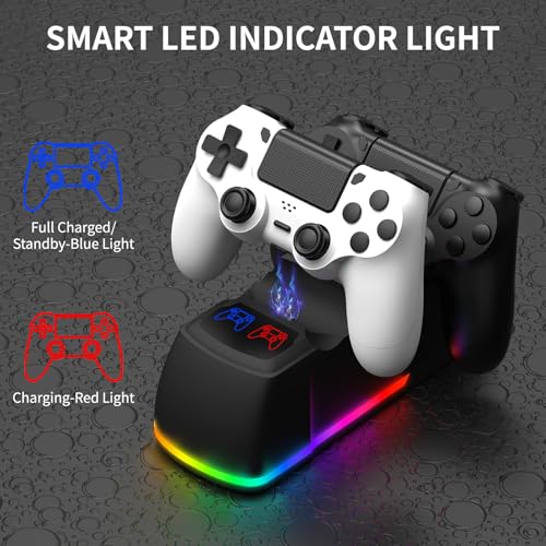 Controller Charger Dock Station for PS4 with RGB Light,Fast Charging for 2 PS4 Controllers,Charging Station Replacement for PlayStation 4 Charger