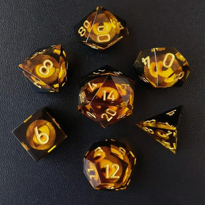 BESCON Dragon's Eye Sharp Edged Polyhedral Dice Set of 7, Handmade Dragon's Eye Dice for Role Playing Game - color: Amber Eye Set