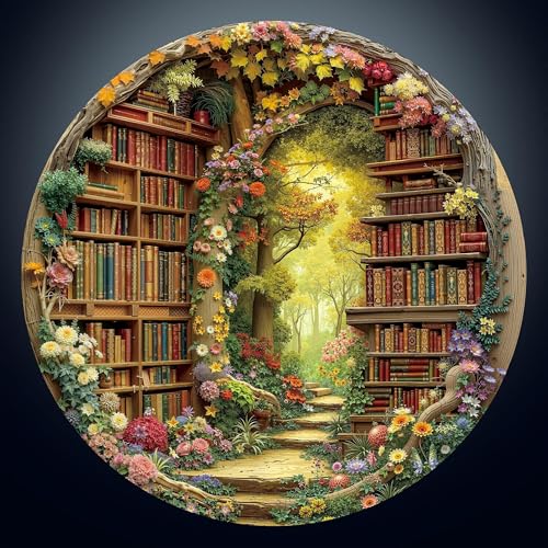 1000 Piece Round Jigsaw Puzzle for Adults, Forest Library, Book Lovers Aesthetic Decor, Challenging Brain Teaser Mental Stress Relief Gift (26.6 inch) - color: E-forest Library