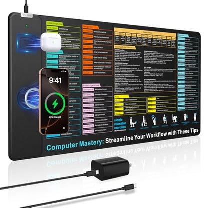 Wireless Charging Mouse Pad with Excel Formulas Shortcuts, 31.5"x15.8" in | Office Spreadsheet Cheat Sheet Desk Mat, Waterproof Easy Gliding Surface, Non-Slip Base, with 20W PD Adapter - color: Black-Excel Shortcuts-31.5"x15.8"(with Wall Charger)