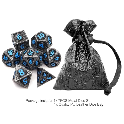 Haxtec Metal DND Dice Set Black Blue Dragon D&D Dice Set with Leather Dice Bag Metal Polyhedral Dice Compatible with Dungeons and Dragons Gifts TTRPG Dice - color: Matt Black Blue
