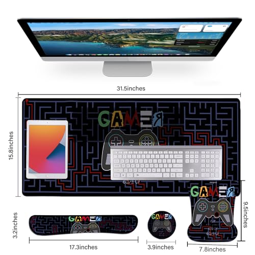MEGREZ 4-in-1 Mouse Pad with Wrist Rest Ergonomic Memory Foam Desk Mat Set | ergonomic, anti-slip base, 4pcs set, desk pad, mouse wrist rest, keyboard rest, coaster, ideal for office & gaming - color: Black