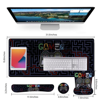 MEGREZ 4-in-1 Mouse Pad with Wrist Rest Ergonomic Memory Foam Desk Mat Set | ergonomic, anti-slip base, 4pcs set, desk pad, mouse wrist rest, keyboard rest, coaster, ideal for office & gaming - color: Black