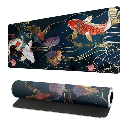 Gaming Mouse Pad Desk Pad,Extended Big Mouse Pad,31.5x11.8 Inch Long Computer Keyboard Mouse Mat Mousepad with 3mm Non-Slip Base and Stitched Edge for Gaming and Office… (koi) - color: Koi
