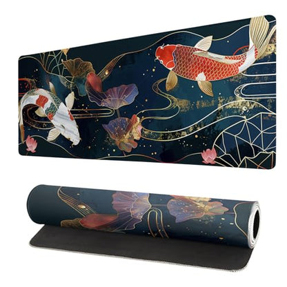 Gaming Mouse Pad Desk Pad,Extended Big Mouse Pad,31.5x11.8 Inch Long Computer Keyboard Mouse Mat Mousepad with 3mm Non-Slip Base and Stitched Edge for Gaming and Office… (koi) - color: Koi