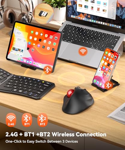 Ergonomic Wireless Trackball Mouse, Bluetooth & 2.4G Multi-Device Computer Mouse, 5 Adjustable DPI Thumb-Controlled Quiet Mice for Mac, Laptop, PC, Windows - Red - color: Red