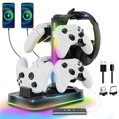 Controller Charger with Headphone Stand for Xbox Series X|S/Elite 2/One/One X/One S/One Elite, RGB Controller Charging Station Dock for Xbox, Headset and Controllers Holder Stand, 3 USB Ports - size: Charger with Holder for Xbox