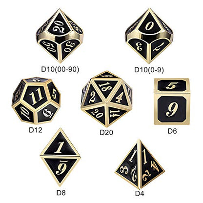 DNDND Metal Dice Set D&D, 7 die Metallic Polyhedral Dice Set with Gift Metal Box and Gold Number for DND Dungeons and Dragons Role Playing Games (Black and Gold) - color: Black With Gold
