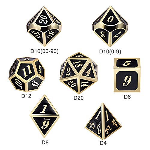 DNDND Metal Dice Set D&D, 7 die Metallic Polyhedral Dice Set with Gift Metal Box and Gold Number for DND Dungeons and Dragons Role Playing Games (Black and Gold) - color: Black With Gold