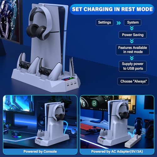 PS5/Slim/Pro Cooling Station for PlayStation 5 Console Disc/Digital Edition - PS5 Slim Pro Cooling Stand with Controller Charging Station Accessories-Cooler Fan/Headset Holder/3 USB Hub, White - color: 1-White