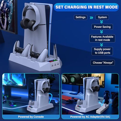 PS5/Slim/Pro Cooling Station for PlayStation 5 Console Disc/Digital Edition - PS5 Slim Pro Cooling Stand with Controller Charging Station Accessories-Cooler Fan/Headset Holder/3 USB Hub, White - color: 1-White