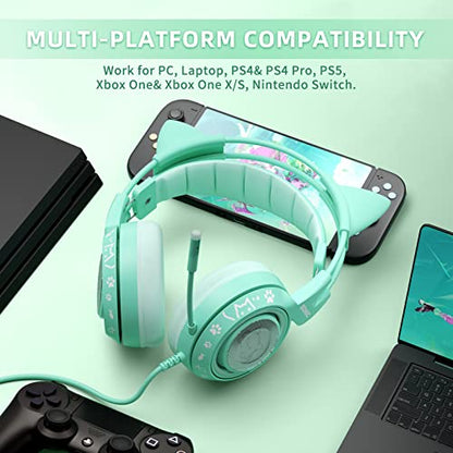 SOMIC G951S Green Gaming Headset with Microphone for PS4, PS5, Xbox One, PC, Cat Ear Headphones Over Ear with in-Line Mic Control, Stereo Sound for Girls, Woman - color: Green