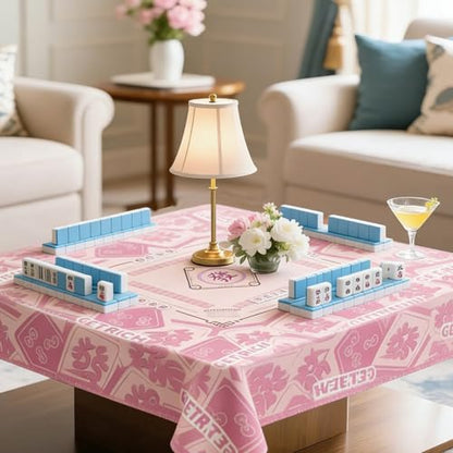 Mahjong Tablecloth Florals Card Table Cloth 55x 55 Inch Square Tablecloth Game Table Cover with Game Rules for Mahjong Beginners, Card, Board Tile Games (Pink)