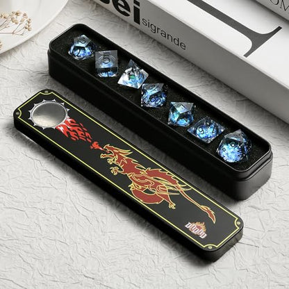 DNDND Glow in the Dark Liquid Sharp-Edge Dice Set 7PCS - Clear Resin Polyhedral DND Dice with Luminous Blue Liquid Orb & Glitter for D&D RPG Table Games （Glow Blue - color: Glow Blue