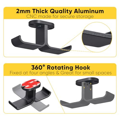 Under Desk Headphone Hanger with Strong Adhesive and Screws Mount, 360° Rotatable Dual Headset Holder Stand, Aluminum Metal Adjustable Headphone Hook, Perfect for Home Gaming & Office - Black - size: Black - 2 Headphones, Metal