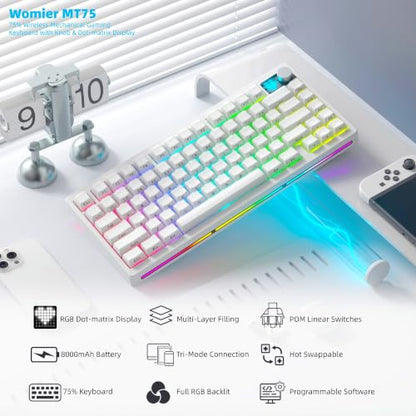 Womier 75% Wireless Mechanical Gaming Keyboard with Knob&Dot-Matrix Display | Bluetooth5.0/2.4GHz/USB C Thocky Creamy Keyboard for PC Computer, 8000mAh Battery Jelly key board for Win/Mac (MT75-White) - color: White
