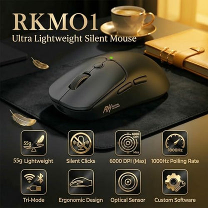 RK ROYAL KLUDGE MO1 Wireless Mouse, 55g Ultra-Lightweight Computer Mice, 6 Programmable Buttons, Quiet Click, 2.4GHz/Bluetooth/Wired, 6000 DPI Optical Sensor, Black - color: Black