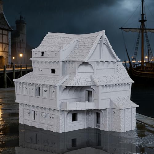 AUSPDICE DND Terrain 25mm 도색되지 않은 도크 빌딩, 석재 및 목공 풍경 | 1:64 스케일 멀티 레벨 하버 하우스, 던전 앤 드래곤 TTRPG 및 판타지 워게임용 디테일한 지붕 타일 포함 - AF1154E - color: Af1154e Dock Buildings E