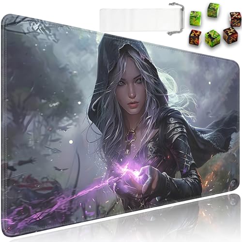 for MTG Playmat + Drawstring Travel Pouch + 6 Dice Counter, for Tabletop Trading Card Game Playmats or Mouse Pad, Anti-Slip Rubber 24 x 14 in, Anime Female Mage for TCG Playmat (No with Zone) - color: JV-Playmat-6-1-E122